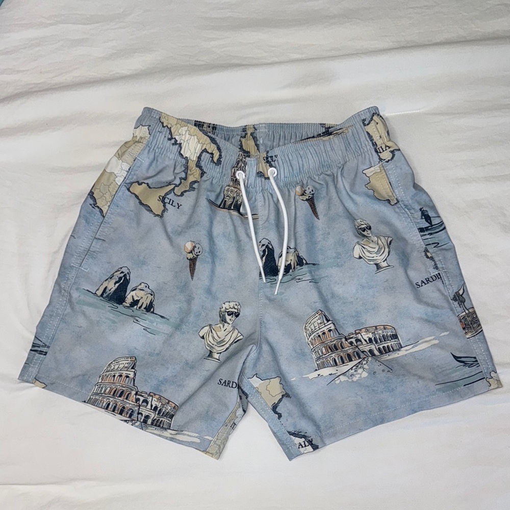 Hollister Cream and Blue Swim Trunks with Elastic Waistband